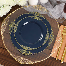 10 Pack Disposable Gold Leaf Embossed Baroque Design Round Dessert Plates in Navy Blue 10 Inch