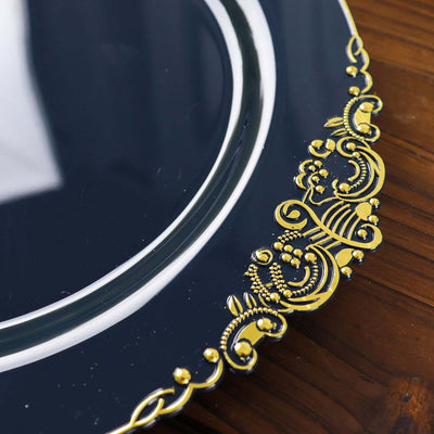 Elegant navy blue plate with ornate gold detailing.