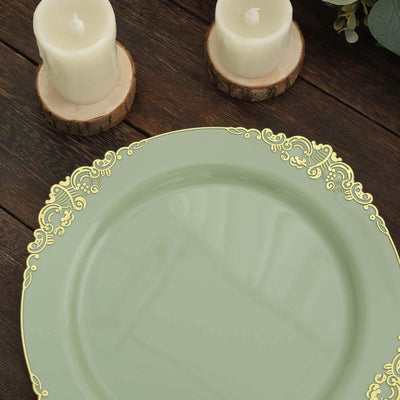 Elegant green plate with gold ornate trim, styled with candles.