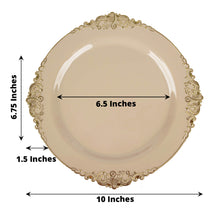 Vintage Taupe Dinner Plastic Plates With Gold Leaf Embossed Rim In 10 Inch Size Wide