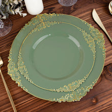 8 Inch Size Vintage Dusty Sage Plastic Plates With Gold Leaf Embossed Rim Plates