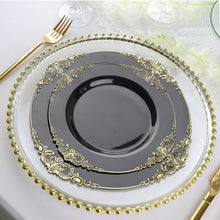 Disposable 8 Inch Round Salad Plates In Vintage Black With Gold Emboss Rim