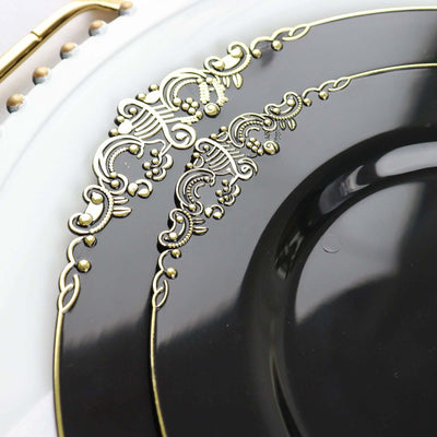 Elegant black plate with intricate gold detailing.