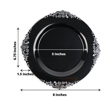 8 Inch Disposable Round Plastic Dessert Vintage Plates Black and Silver Leaf Embossed Design