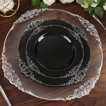 8 Inch Plastic Plates Disposable Round Baroque Style Black and Silver Embossed Leaf Design