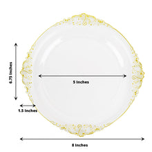8 Inch Disposable Round Plastic Dessert Plates Vintage Clear and Gold Leaf Embossed Design 10 Pack