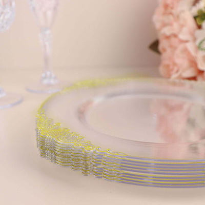 Clear decorative plate with intricate yellow and blue detailing.