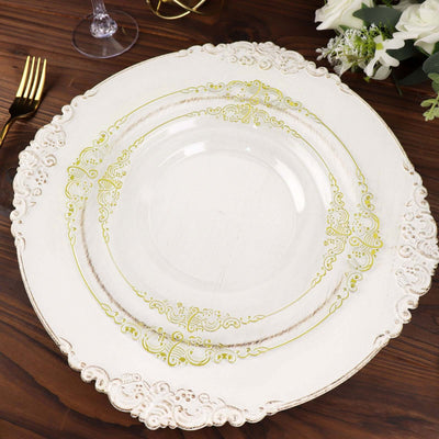 Elegant decorative charger plate with intricate gold detailing.