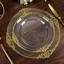 8 Inch Round Plastic Plates Baroque Style Vintage Clear and Gold Embossed Leaf Design 10 Pack
