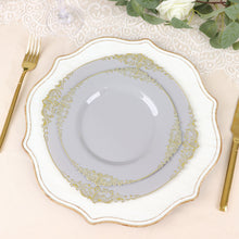 10 Pack Disposable Gold Leaf Embossed Baroque Design Round Dessert Plates in Vintage Gray 8 Inch