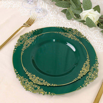 Elegant green plates with gold ornate design, styled on a table setting.