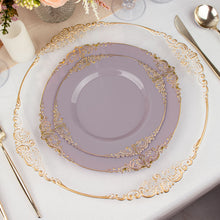 8 Inch Size Vintage Lavender Lilac Gold Leaf Embossed Rim Hard Plastic Plates