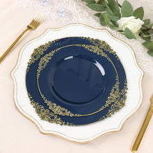 10 Pack Plastic Dessert Salad Plates In Vintage Navy Blue, Gold Leaf Embossed Baroque Disposable