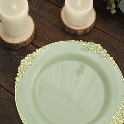 Elegant green plate with gold embellishment, styled with candles and wood accents.