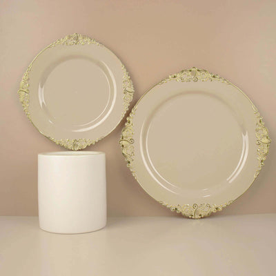 Elegant decorative plates with gold trim displayed on a neutral background.