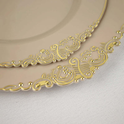 Elegant beige plate with intricate gold detailing.