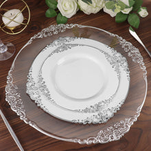 8 Inch Plastic Plates Disposable Round Baroque Style Vintage White and Silver Embossed Leaf Design 10 Pack