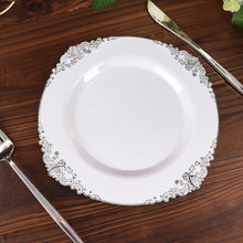 8 Inch Baroque Style Plastic Disposable Round Plates Vintage White and Silver in Embossed Leaf Design 10 Pack