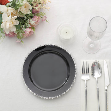 10 Pack Black / Silver Beaded Rim Plastic Dessert Appetizer Plates