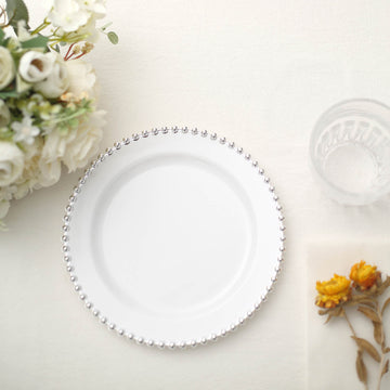 Elegant White / Silver Beaded Rim Plastic Dessert Appetizer Plates