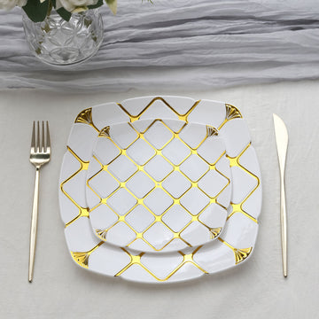 Create Memorable Moments with White/Gold Plastic Square Geometric Dinner Plates
