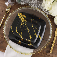 Disposable 6 Inch Square Plastic Party Plates in Black & Gold Marble Design 10 Pack