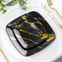 10 Pack of 6 Inch Disposable Square Plastic Party Plates in Black & Gold Marble Design
