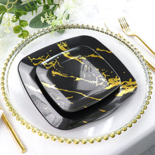 Disposable 8 Inch Square Plastic Party Plates in Black & Gold Marble Design 10 Pack