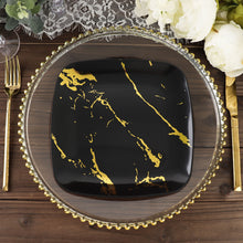 10 Pack of 8 Inch Disposable Square Plastic Party Plates in Black & Gold Marble Design