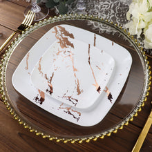 Disposable 8 Inch Square Plastic Party Plates in White & Rose Gold Marble Design 10 Pack