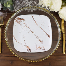 10 Pack of 8 Inch Disposable Square Plastic Party Plates in White & Rose Gold Marble Design
