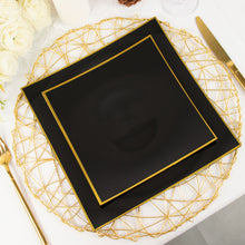 10 Inch Size Black Gold Heavy Duty Plastic Concave Square Dessert Plates 10 Pack