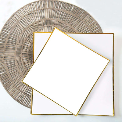 Gold-trimmed square plates on a decorative round placemat