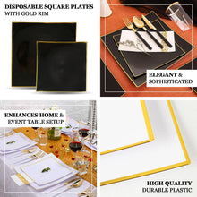 Heavy Duty Black Gold Plastic Concave Square Dessert Plates 10 Pack 10 Inch Size