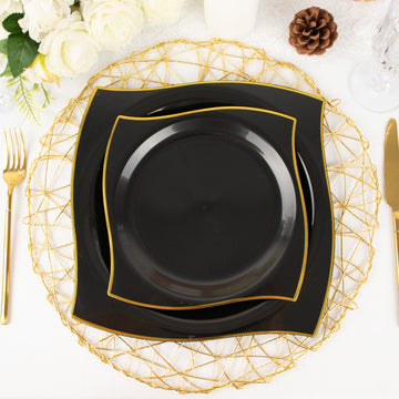 Black/Gold Wavy Rim Modern Square Plastic Dessert Plates