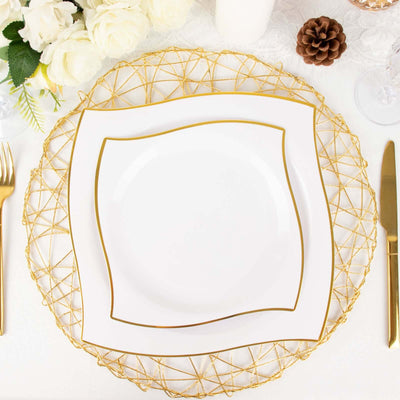 Elegant white square plate with gold trim on a decorative gold charger.