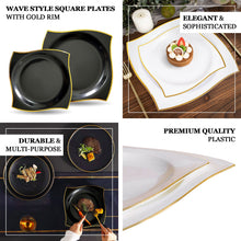 Heavy Duty Black Gold Wavy Rim Plastic Square Dessert Plates 10 Pack 8 Inch Size