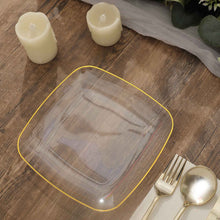 10 Pack Clear Square Plastic Plates 7 Inch Gold Rimmed 