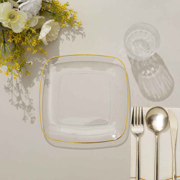 Elegant Clear with Gold Rim Square Plastic Dessert Party Plates