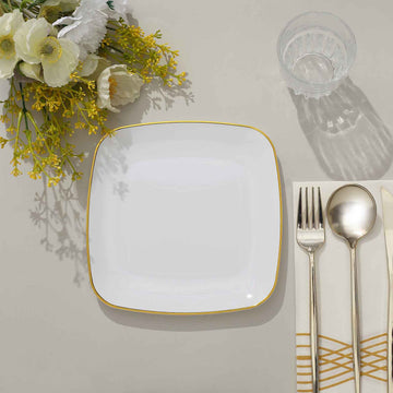 Elegant and Stylish White with Gold Rim Square Plastic Dessert Plates