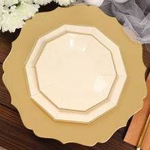 25 Pack 7 Inch Gold Foil Rim Geometric Decagon Design on Beige Paper Plates