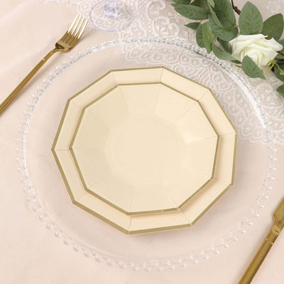 Elegant gold-trimmed octagonal plate on a lace table setting.