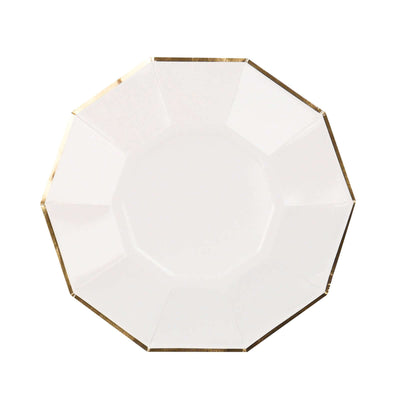 White octagonal plate with gold trim on a plain background