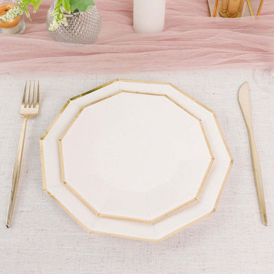 Elegant white octagonal plate with gold trim, styled for dining.