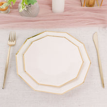 Disposable Appetizer Plate in White with Gold Foil Rimmed 7 Inch Geometric Shape