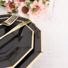 Disposable 9 Inch Black Geometric Dinner Plates with Gold Rim