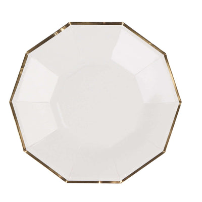 White octagonal plate with gold rim detail.