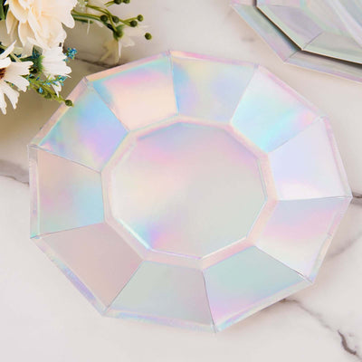 Iridescent octagonal plate on a marble surface