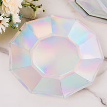 25 Pack of Iridescent Disposable Geometric Paper Plates with Decagon Rim 9 Inch