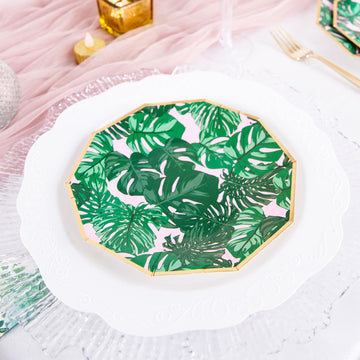 Stylish Pink/Green Tropical Palm Leaf Dessert Salad Paper Plates